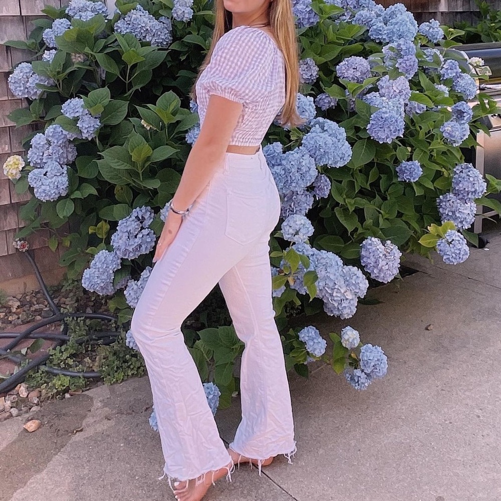 Purple gingham puff sleeve crop